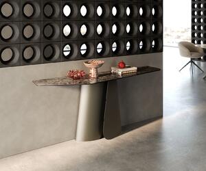DELIFE Konzolový stůl Edge polygonální 180×50 cm keramika Emperador extra leštěná tmavě hnědá Livos kov titanová barva