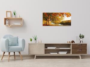 Obraz skleněný podzimní strom s lavičkou u řeky - 30 x 40 cm