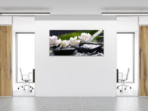 Obraz skleněný bílý květ na černém kameni Zen - 50 x 100 cm