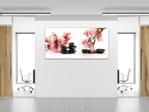 Obraz skleněný růžová orchidej a černé oblázky - 30 x 60 cm