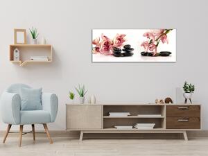 Obraz skleněný růžová orchidej a černé oblázky - 30 x 40 cm