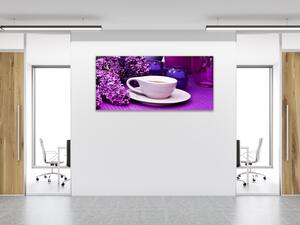 Obraz skleněný šeřík a hrnek s čajem - 30 x 60 cm