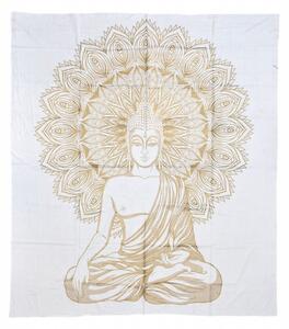 Přehoz s tiskem, Buddha, bílo-zlatý, 228x210 cm