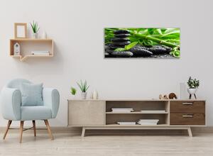 Obraz skleněný bambus a zen kameny s rosou - 30 x 60 cm