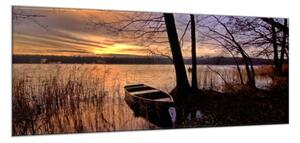 Obraz skleněný jezero s loďkou v západu slunce - 34 x 72 cm