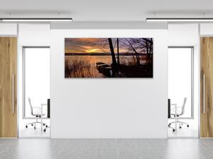 Obraz skleněný jezero s loďkou v západu slunce - 30 x 60 cm
