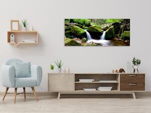 Obraz skleněný tekoucí řeka v lese mezi kameny - 50 x 100 cm