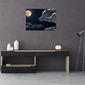 Skleněný obraz vlků vyjících na měsíc (70x50 cm)