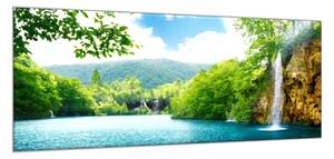Obraz skleněný vodopád a jezero - 100 x 150 cm