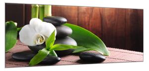 Obraz skleněný květ bílá orchidej na bambusové podložce - 50 x 70 cm