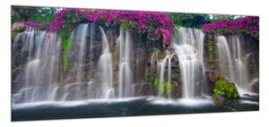 Obraz skleněný vodopády a rozkvetlé květy - 30 x 60 cm