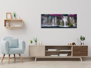 Obraz skleněný vodopády a rozkvetlé květy - 34 x 72 cm