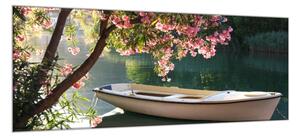 Obraz skleněný loďka na řece pod stromem - 100 x 150 cm