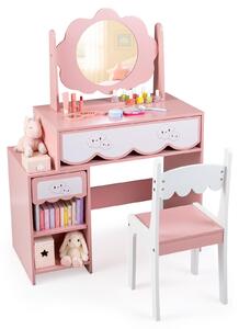 COSTWAY Dětský toaletní stolek s židličkou a otočným zrcadlem, dřevěný toaletní stolek pro děti s motivem princezny, s 2 zásuvkami, 2 přihrádkami a policí, kosmetický stolek