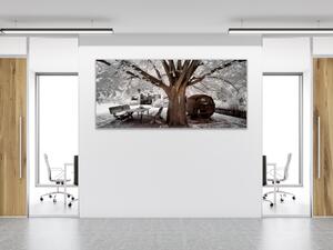 Obraz skleněný zimní strom a sud vína - 30 x 60 cm