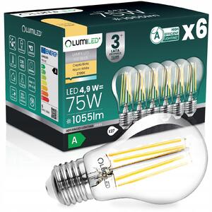 6x LED žárovka E27 filament, třída A, 4,9W 1055LM = 75W, 2700K, 360° Lumiled