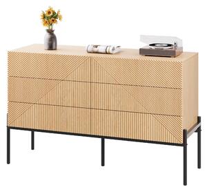 Komoda Moonbite se šesti zásuvkami a diagonální 3D strukturou, komoda šířky 115,5 cm s černými kovovými nohami, tiché výsuvy, deska z MDF, přírodní provedení