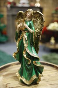 Zeleně zlatá figurka anděl s lyrou 38cm