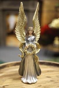 Modře zlatá figurka anděl s věncem 32cm