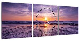Obraz pláže - západ slunce (s hodinami) (90x30 cm)