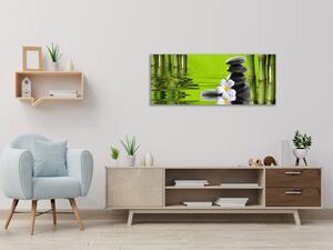 Obraz skleněný zelený bambus, květ, kameny ve vodě - 30 x 60 cm