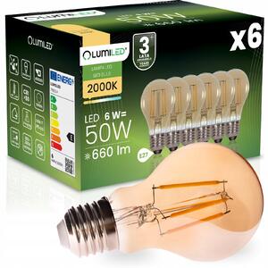 6x LED žárovka E27 A60 FILAMENT AMBER 6W 660LM = 50W 2000K 360° LUMILED