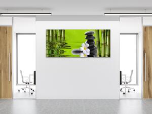 Obraz skleněný zelený bambus, květ, kameny ve vodě - 30 x 60 cm