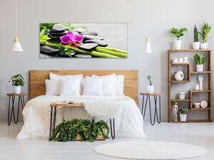 Obraz skleněný růžová orchidej, bambus, kameny - 30 x 60 cm