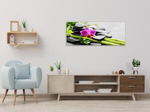 Obraz skleněný růžová orchidej, bambus, kameny - 30 x 60 cm