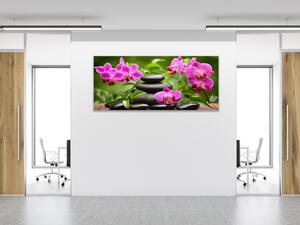 Obraz skleněný květy fialových orchideji, listy a oblázky - 30 x 60 cm