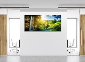 Obraz skleněný vodopád v lese a východ slunce - 70 x 80 cm