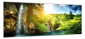 Obraz skleněný vodopád v lese a východ slunce - 70 x 80 cm