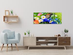 Obraz skleněný barevné květy a motýl - 30 x 60 cm