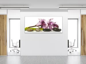 Obraz skleněný květ fialova exotická orchidej a kameny - 30 x 60 cm