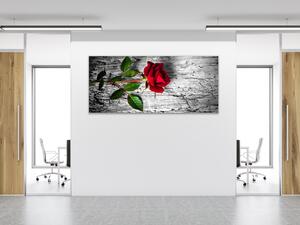 Obraz skleněný květ červená růže na dřevě - 100 x 150 cm