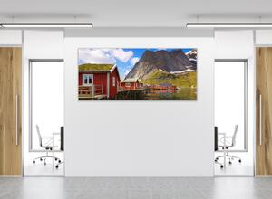 Obraz skleněný červené chaty nad jezerem - 30 x 60 cm