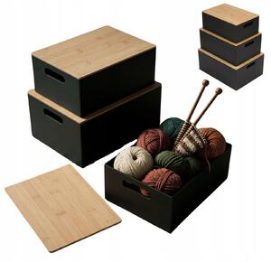 ČERNÉ MDF ÚLOŽNÉ BOXY S DŘEVĚNÝM VÍKEM A ÚCHYTKY - 3 VELIKOSTI