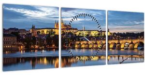 Obraz Pražského hradu a Karlova mostu (s hodinami) (90x30 cm)