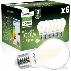 6x LED žárovka E27 11W = 100W 1521lm 4000K neutrální bílá filamentová mléčná