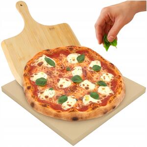 Kámen na pizzu Ruhhy 38x36 cm s bambusovou obracečkou 2v1 XXL cordieritová deska