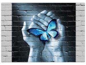 Skleněný obraz modrého motýla na zdi (70x50 cm)