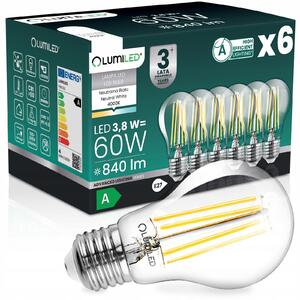 6x LED žárovka E27 filament, třída A, 3,8W 840LM = 60W, 4000K, 360° Lumiled