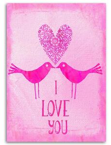 Obraz na plátně Dva ptáci na růžovém pozadí s nápisem I Love You - Andrea Haase Rozměry: 40 x 60 cm