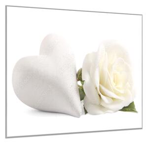 Obraz skleněný čtvercový květ bílé růže a srdce - 55 x 55 cm