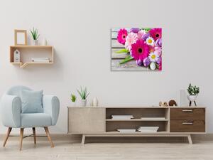 Obraz skleněný čtvercový kytice gerbery, tulipány a kopretina - 40 x 40 cm