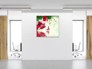 Obraz skleněný čtvercový červené gerbery a motýl nad hladinou - 55 x 55 cm