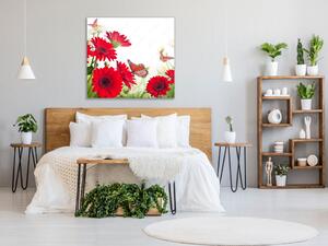 Obraz skleněný čtvercový červené gerbery a motýl - 40 x 40 cm