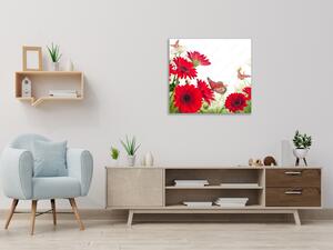 Obraz skleněný čtvercový červené gerbery a motýl - 40 x 40 cm