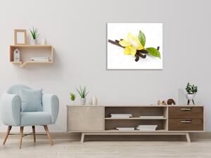 Obraz skleněný čtvercový žlutá orchidej, list a vanilka - 40 x 40 cm