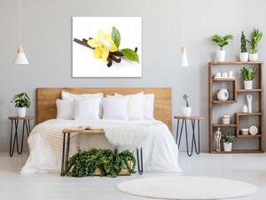Obraz skleněný čtvercový žlutá orchidej, list a vanilka - 34 x 34 cm